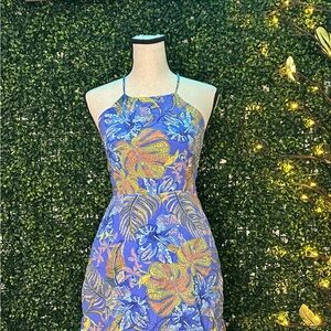 Olivaceous Blue Leaf Print Dress